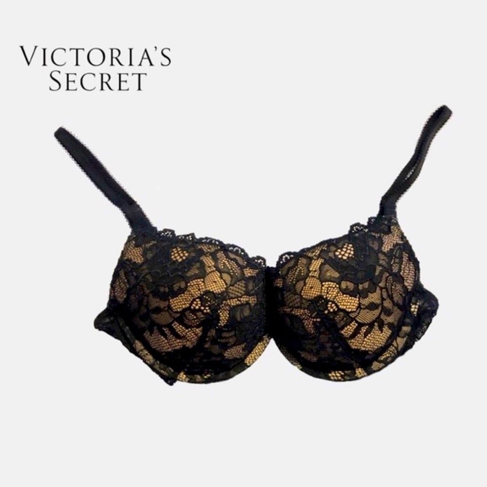 Victoria’s Secret Black Lace Push Up Demi Cup Bra, Women’s Size 36 D.